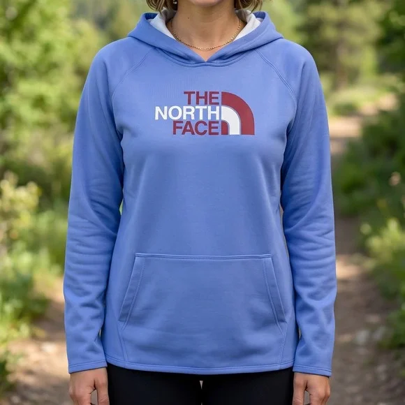 The North Face Womens Light Blue Logo Pullover Hoodie Thumbhole Activewear 5551