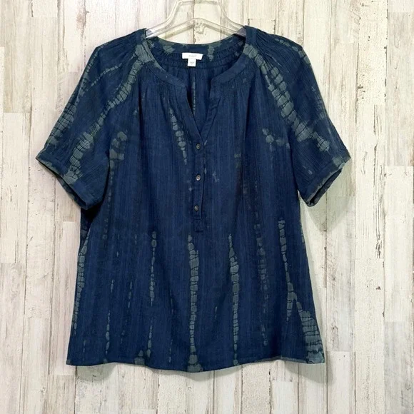 Pure J Jill Popover Top L Cotton Gauze Blue Short Sleeve Tie Dye Casual Boho