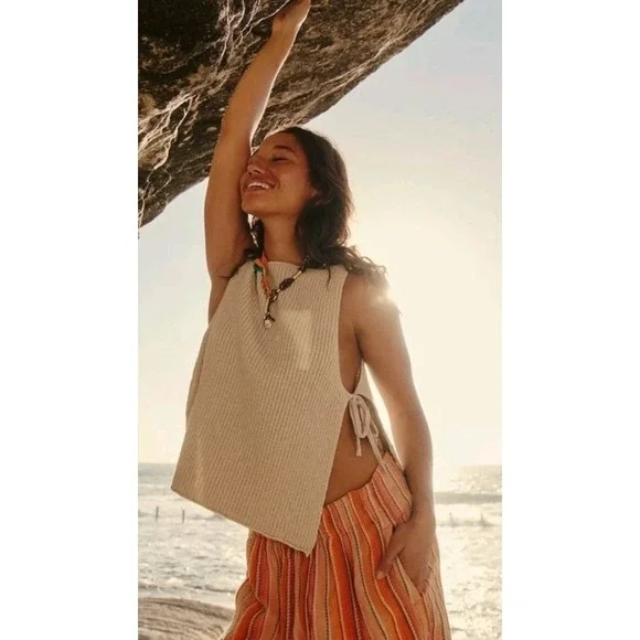 FP Beach Lizzie Sweater Side Tie Tank Top Cream Rib Knit Women's Small Boho