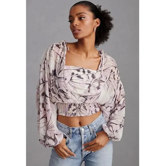 NWT By Anthropologie Floral Blouse S Purple Fairy‎ Pastel Sheer Peasant Whimsy