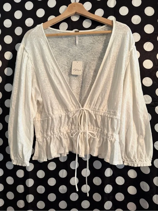 Free People White Drawstring V-Neck Peplum Blouse