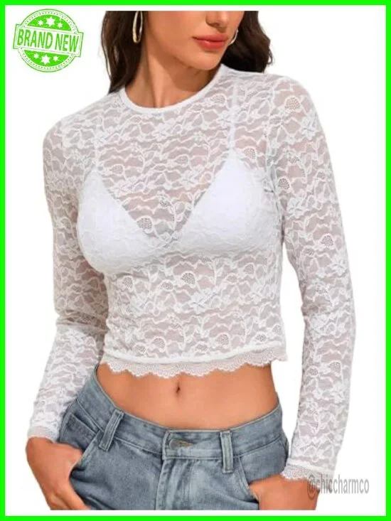 Mesh Lace Long Sleeve Crewneck Blouse Slim Fitted See Through Top