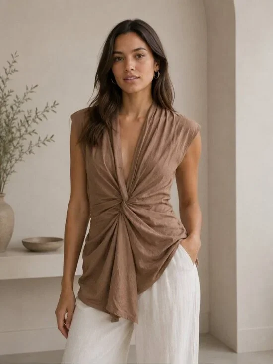 Yves Saint Laurent Brown Twist Front Draped Top Cap Sleeve FR 40 Small
