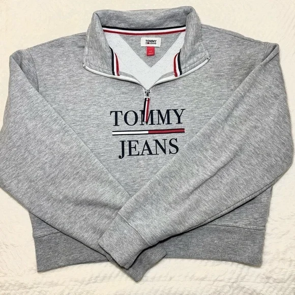 Tommy Jeans Gray Quarter-Zip Sweatshirt Logo Pullover Cropped