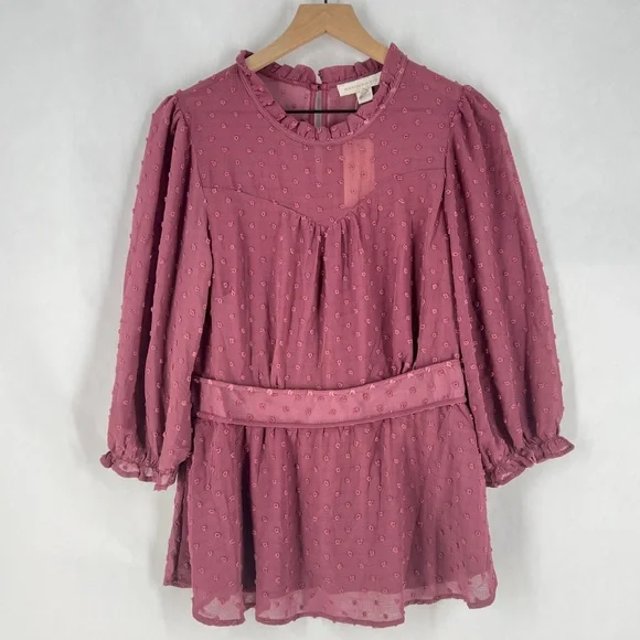 Monteau‎ Purple Sheer Swiss Dot Ruffle Neck 3/4 Sleeve Peplum Blouse NWT XL