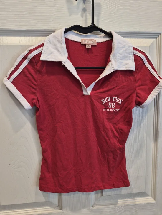 5/25 Fade+Rose Women's New York 98 Short Sleeve Polo Tee - Red/White