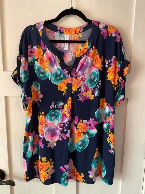 Floral Split-Neck Tunic Top - Navy Multi 50 for all 3