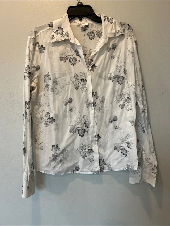 White Floral Button-Down Shirt with Black Vine Print
