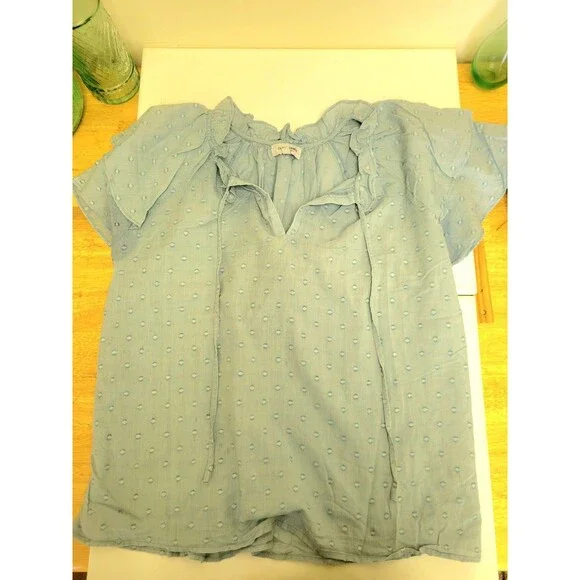 Olivia James The Label Blue Solid 100% Cotton Ruffle V-Neck Pullover Blouse M