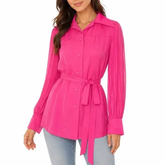 M Hot Pink VTG Button Up Long Sheer Sleeve Fitted Blazer Shirt Dress Pleated Top