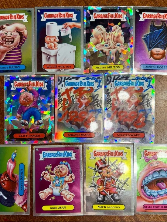 Topps Garbage Pail Kids Trading Cards - holographic rainbow, purple, green, blue