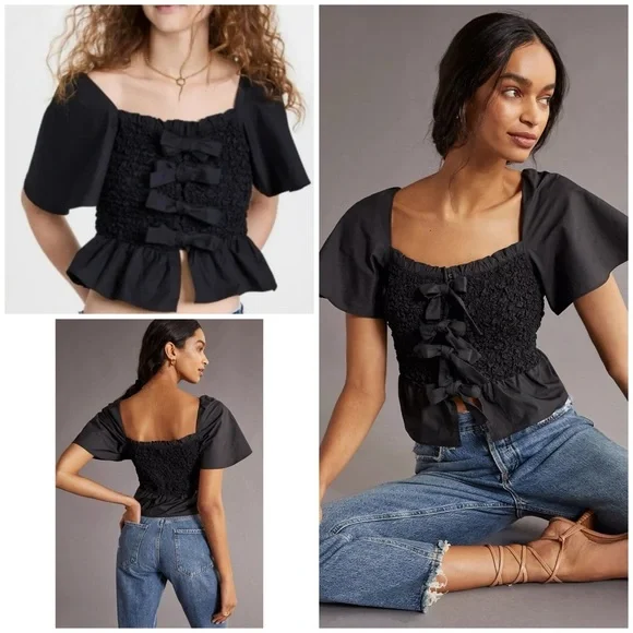 NWT Anthropologie x Mare Mare Bow-Front Tied Bows Blqck Smocked Peplum Blouse S‌