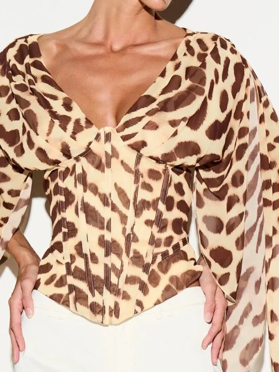 Multicolor Elegant Women's Animal Print Deep V-Neck Open Back Corset Top
