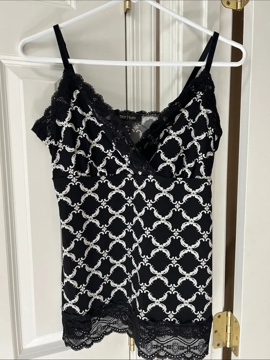 White House Black Market Black and White Printed Lace-Trim Camisole