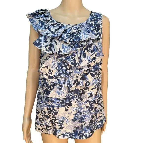 CAbi 100% Silk Cascading Ruffle Sleeveless Top Shirt Blouse blue/ivory size M