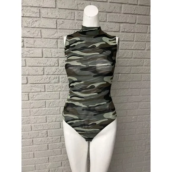 Derek Heart Women High Neck Mesh Camo Bodysuit Size S