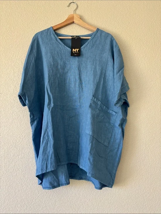 NT By Amati Blue Linen Casual Short-Sleeve Shirt- NWT