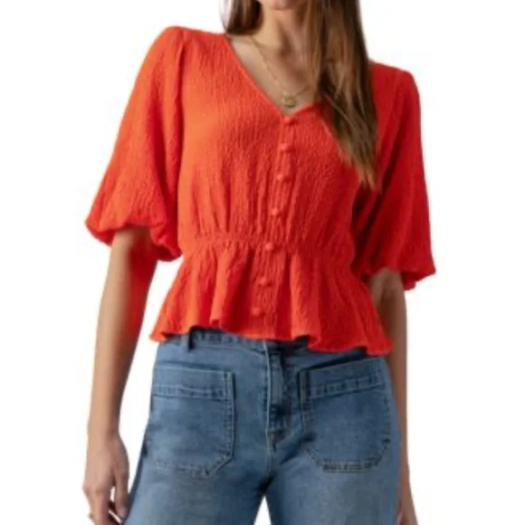 Sanctuary Textured‎ Button-Front Peplum Top Women's Spicy Orange Elbow Sleeve L