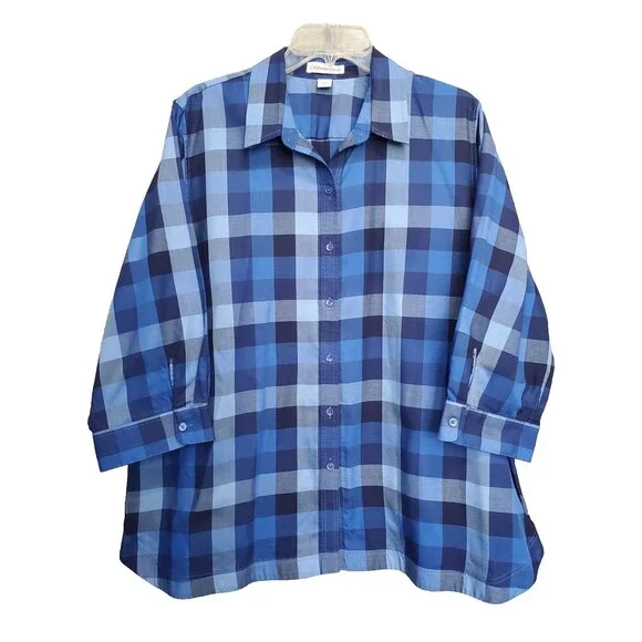 Coldwater Creek Cotton Blend Blue Plaid 3/4 Sleeve Button-Up Tunic Size 1X