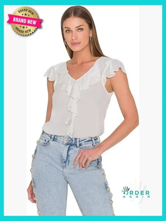 Georgette Blouse Romantic Ruffle Sleeves V-Neck Pullover Feminine Chic
