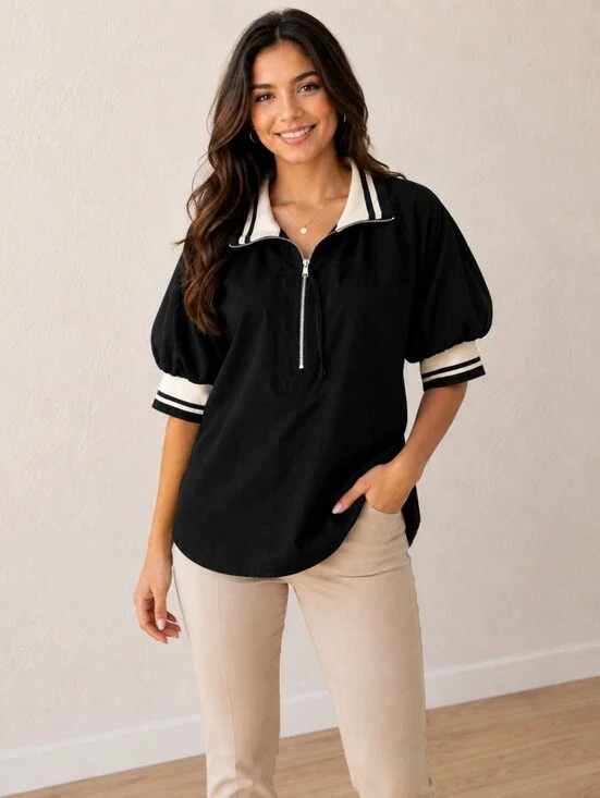 Black & Beige Pippa Blouse, Short Puff Sleeve Zip-Front with Pull Tie Size Large