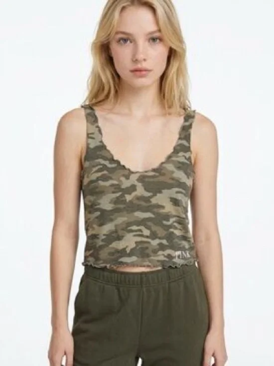 PINK Victoria’s Secret Camo Lettuce Hem Cropped Tank Top Size Small