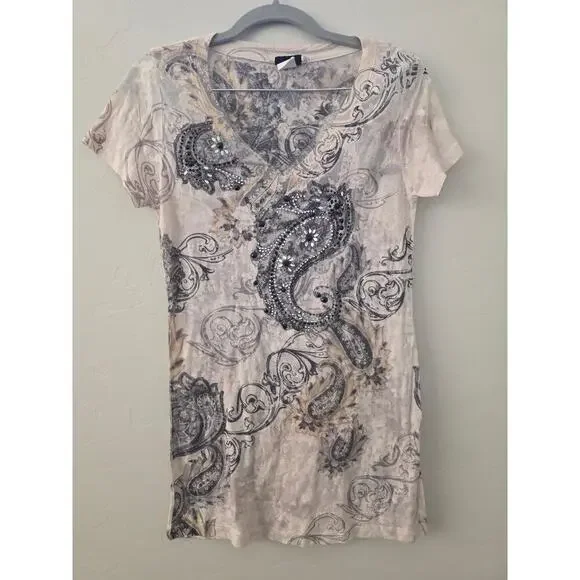 Daytrip Paisley Rhinestone Tee Y2K Bling Top Western Glam Size L