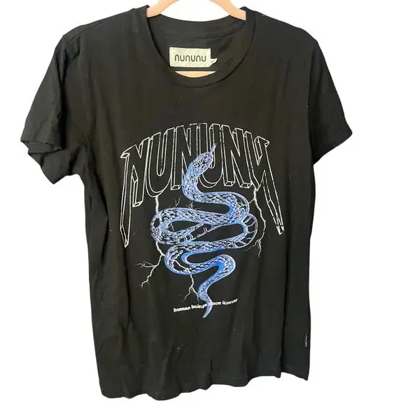 Nununu Graphic Snake T-Shirt Distressed Hem Black Short Sleeve Tee Medium
