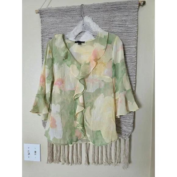 NWT Sara Michelle Sheer Floral Blouse Size S Green Pastel Ruffle Front