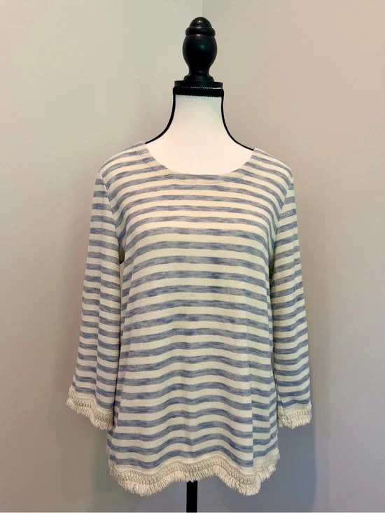 J.Jill 100% Cotton Coastal Blue White Striped Fringe Hem Tunic Top Medium