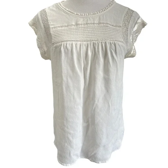 Daniel Rainn Women's White‎ Lace Trim Pom Pom Rayon Boho Blouse Medium
