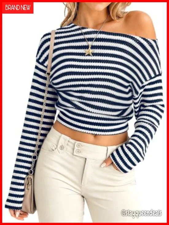 Off Shoulder Striped Knit Crop Top, Relaxed Fit, Going Out