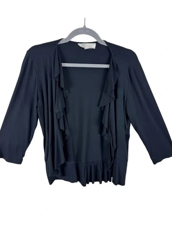 Pointelle Black 3/4 Sleeve Ruffled Lightweight Stretchy Cropped Open Blouse Sz L