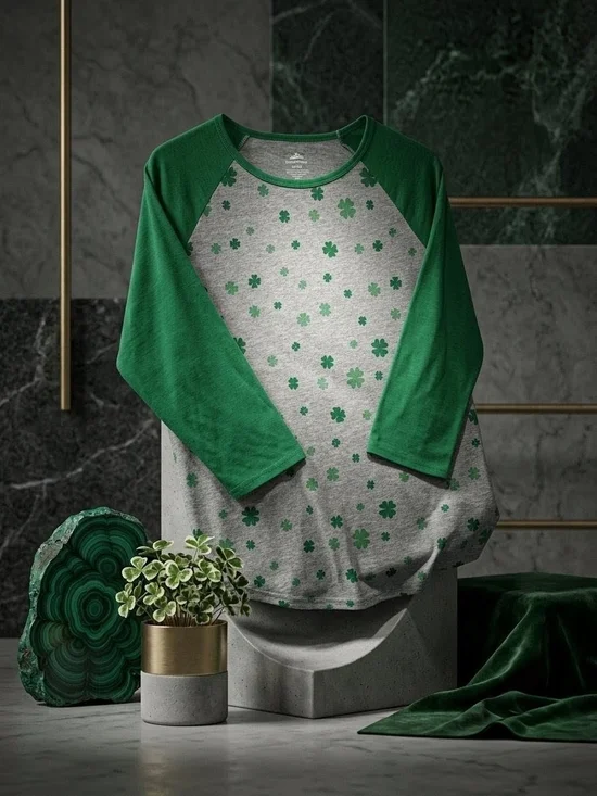 Celebrate It Heather Gray Raglan Tee with Green Clover Print