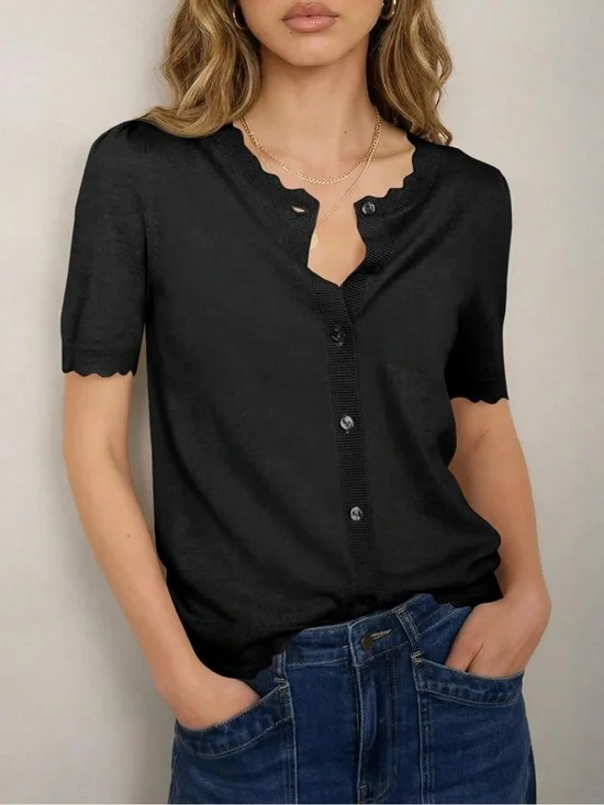NWT Saodimallsu Scallop Hem Knit Button Down Knit Short Sleeve Cardigan Top