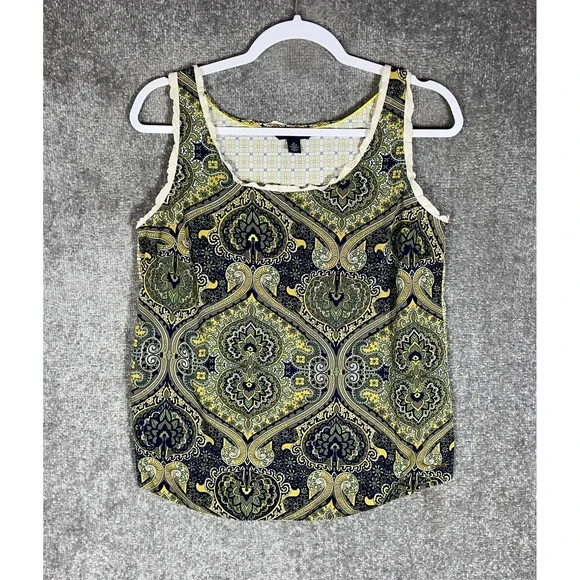Tommy Hilfiger Tank Top Womens Size Medium Green Geometric Floral Ruffle Trim