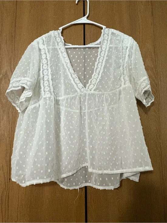 Women's White Swiss Dot Lace Trim V-Neck Blouse
