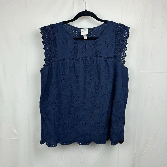 Knox Rose Blue Sleeveless Eyelet Peasant Top Lace Scalloped Hem Women's Medium