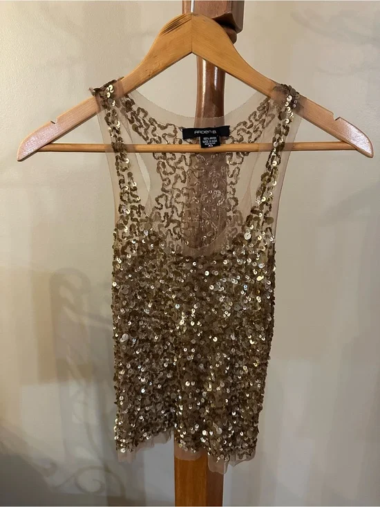 Arden B Gold Sequin Mesh Tank Top