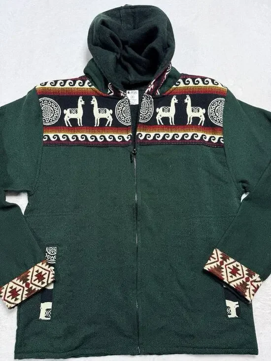 Native Artists Alpaca Llama Geometric Full Zip Knit Hoodie Jacket Mens Size M