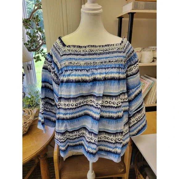 CK Bradley Blue Geometric Off Shoulder Smocked Bell Sleeve Cotton Blouse XL NWT
