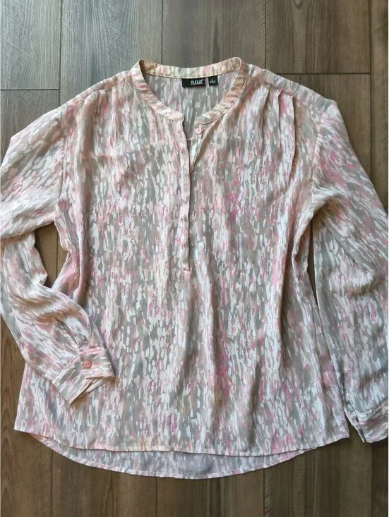 a.n.a Women's Sheer Flowy Blouse Large Pink Gray Patterned Polyester
