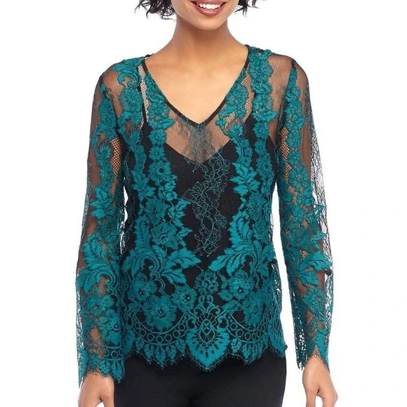 NWT The Limited Sz L Turquois & Black Lace Fairy Whimsigoth Sheer V-neck Blouse‎
