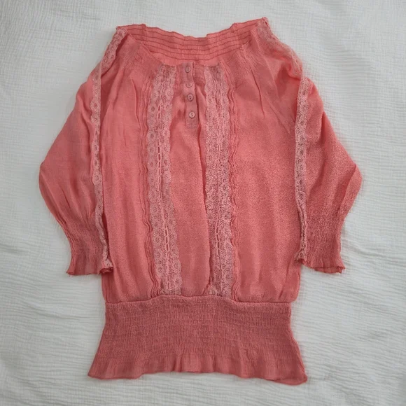 Fairycore Peasant Top Coral Pink Lace Detail, Sheer Flowy