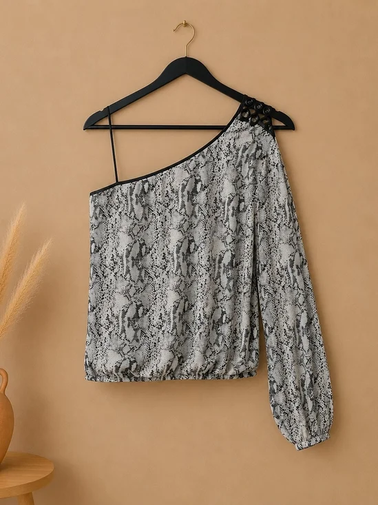 One-Shoulder Snake Print Blouson Top in Gray and Black