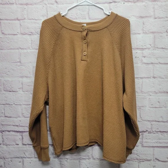 Old Navy Thermal Waffle Knit Henley Top Womens 3X Relaxed Cozy Travel Loungewear