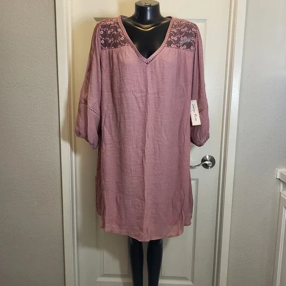Boho Lace Yoke V-Neck Tunic Dress - Dusty Rose