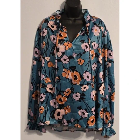 NWT FATE Women's Floral Long Sleeve Peasant Blouse Blue Orange‎ White Size 3XL