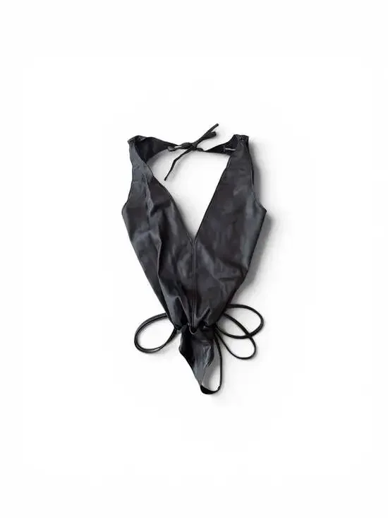 Maniere De Voir Faux Vegan Leather Halter Bodysuit with Waist Tie Detail
