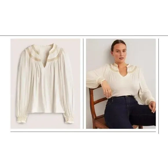 Boden Womens Shirt Top Ivory Gold UK 10 US 6 Smocked Yoke Metallic T1069 NWT